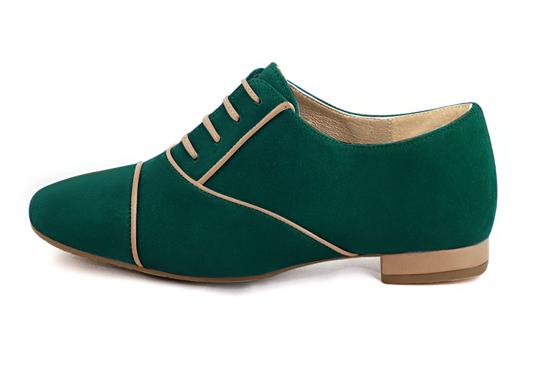 Forest green and caramel brown women's essential lace-up shoes. Round toe. Flat block heels. Profile view - Florence KOOIJMAN